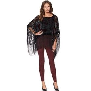 Black Velvet Burnout Fringe Poncho O/S